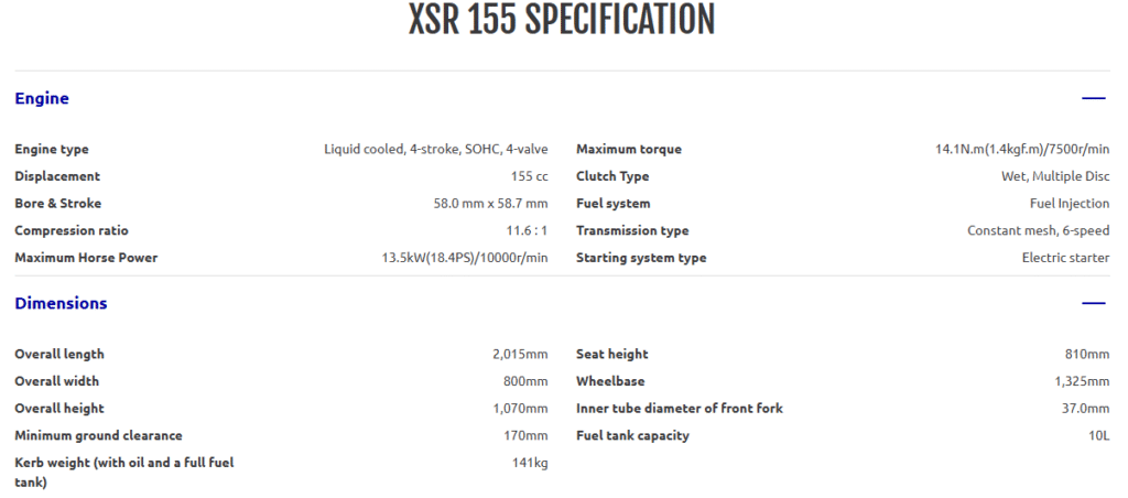 Yamaha XSR 155 Specification